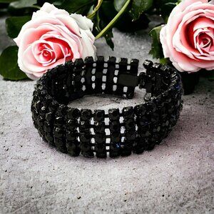 Vintage Rare‎ Signed Weiss Jet Black Rhinestone Bracelet 5 Row Retro Art Deco